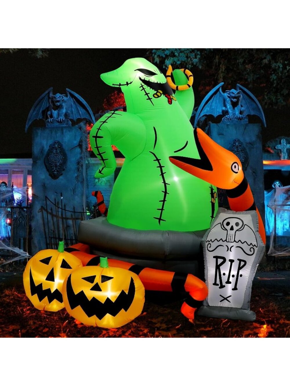 🎃6Ft Halloween Inflatable Blow Up Green Monster Snake Pumpkins and Tombstone
